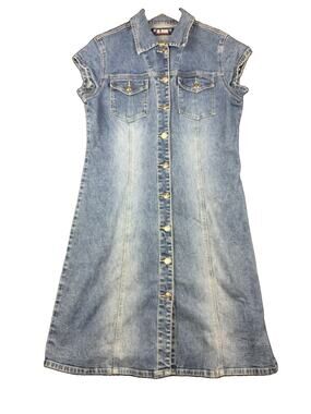 VTG Hi Jeans Jean Power Dress Women’s L Blue Denim Button Front Midi Y2K 90s